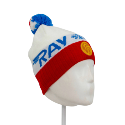 Шапка RAY вязаная, Ray-снежинка бубон, размер М (56-60), цвет белый/голубой/красный Шапка RAY вязаная, Ray-снежинка бубон, размер М (56-60), цвет белый/голубой/красный