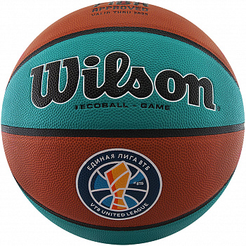 Мяч баскетбольный WILSON VTB SIBUR Gameball ECO, арт.WTB0547XBVTB, р.7, композит, бутил. кам, корич-бирюз.