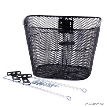 Корзина для велосипеда металлическая, с креплением на переднее колесо под резьбовую вилку. 2 кронштейна на рулевую колонку. Черная. / QY-CL-004