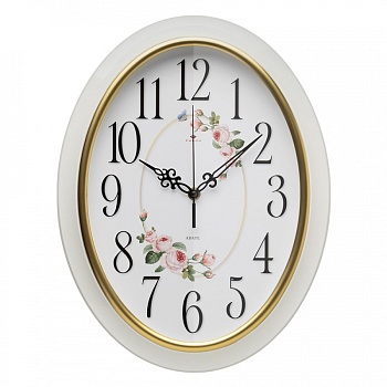 Часы настенные Рубин 3829-107 овал 29,5х38,5см, корпус белый с золотом "Розы" в магазине Спорт - Пермь