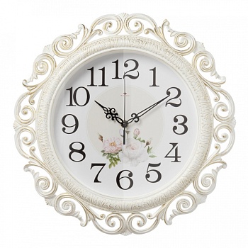 Часы настенные Рубин 4126-003 круг ажурный d=40,5см, корпус белый с золотом "Нежные пионы" в магазине Спорт - Пермь