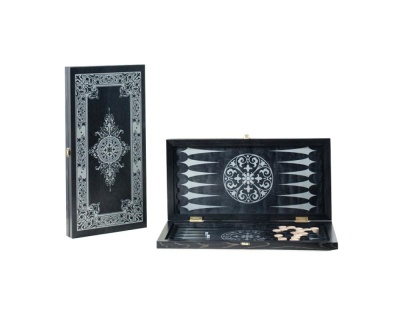 Нарды Объедовская фабрика "Игрушки" средние, черные, рисунок  серебро "Геометрический орнамент" (480*240*40)