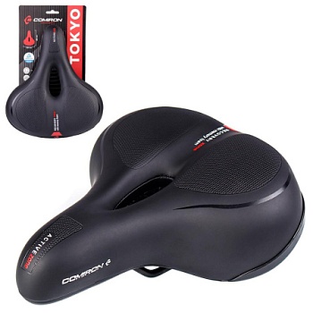 Седло велосипедное комфортное COMIRON TOKYO C012 265x220, Технологии: ED, MEMORY FOAM, Верх: PU с пресс. принтом, Цвет: Чёрный+Красный