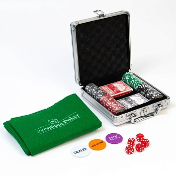 Набор для игры в Покер в кейсе (100 фишек, 5 кубиков, 2 колоды карт), с номиналом, 9225153