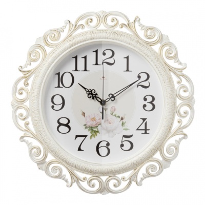Часы настенные Рубин 4126-003 круг ажурный d=40,5см, корпус белый с золотом "Нежные пионы" в магазине Спорт - Пермь