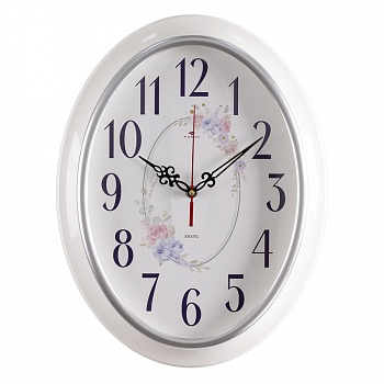 Часы настенные Рубин 3829-108 овал 29,5х38,5см, корпус белый с серебром "Букет" в магазине Спорт - Пермь