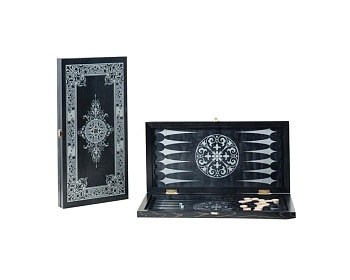 Нарды Объедовская фабрика "Игрушки" средние, черные, рисунок  серебро "Геометрический орнамент" (480*240*40)